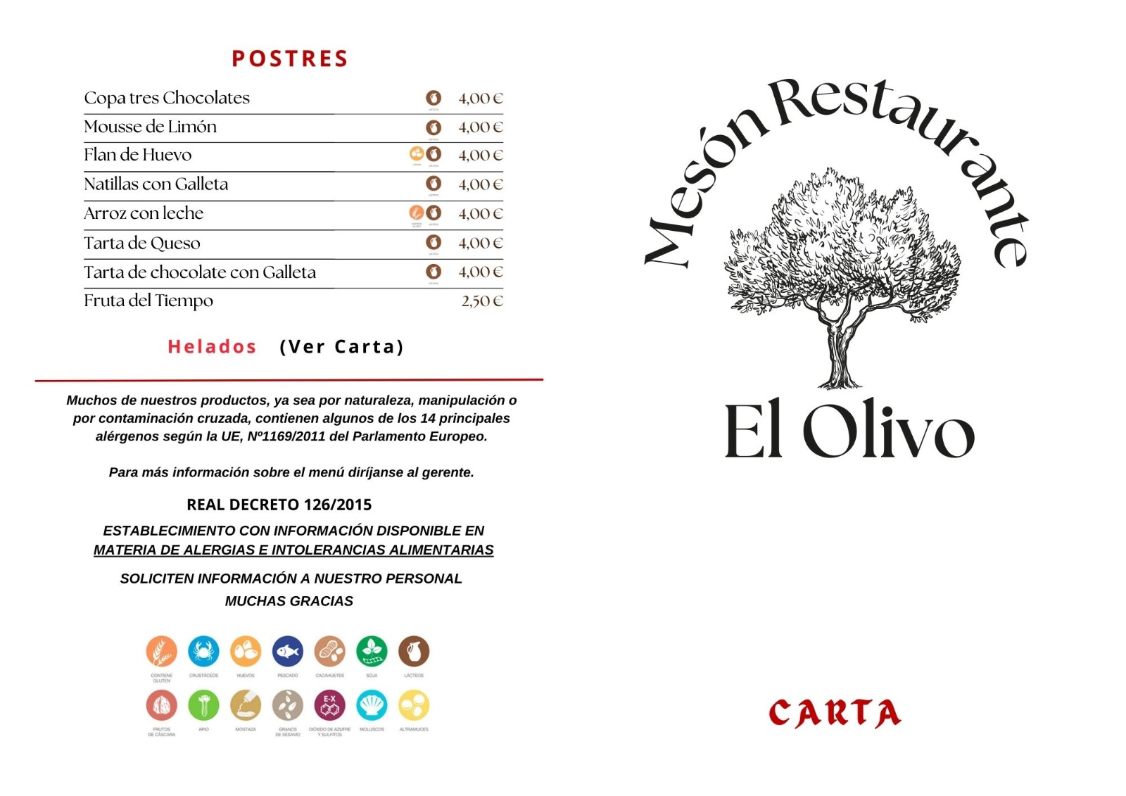 Carta de menú Restaurante Mesón El Olivo