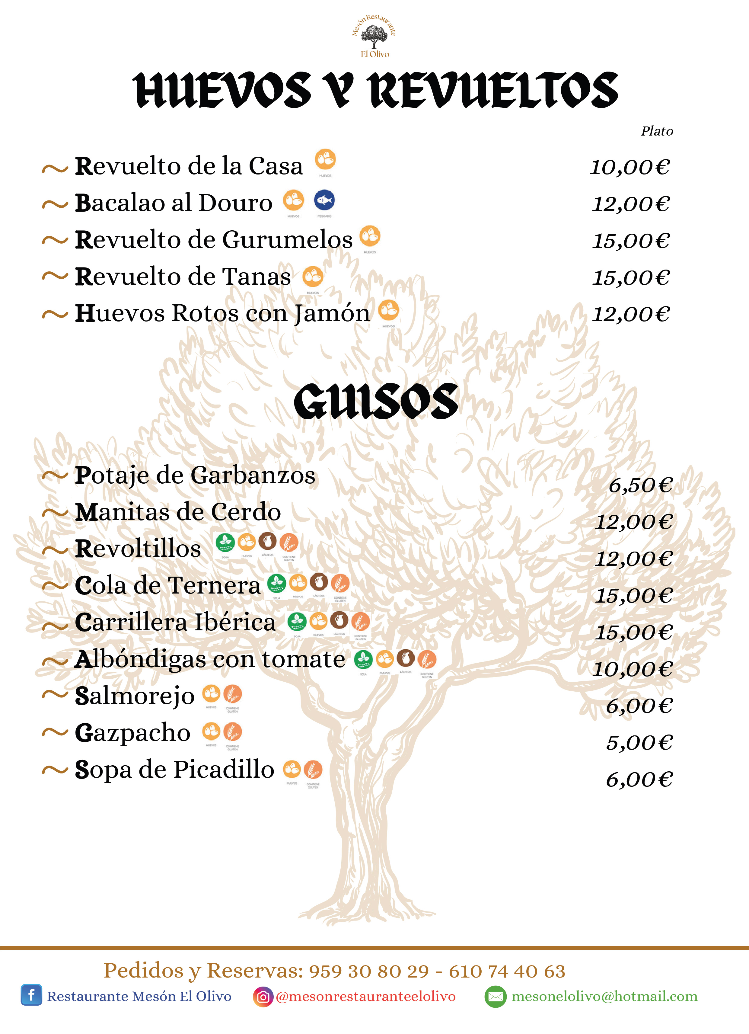 Carta de menú Restaurante Mesón El Olivo